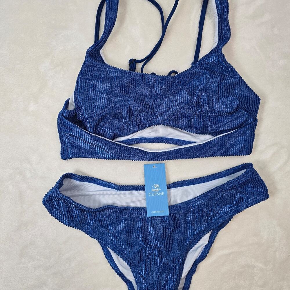 CUPSHE Blue Ribbed Two-Piece Swimsuit sz small NWT